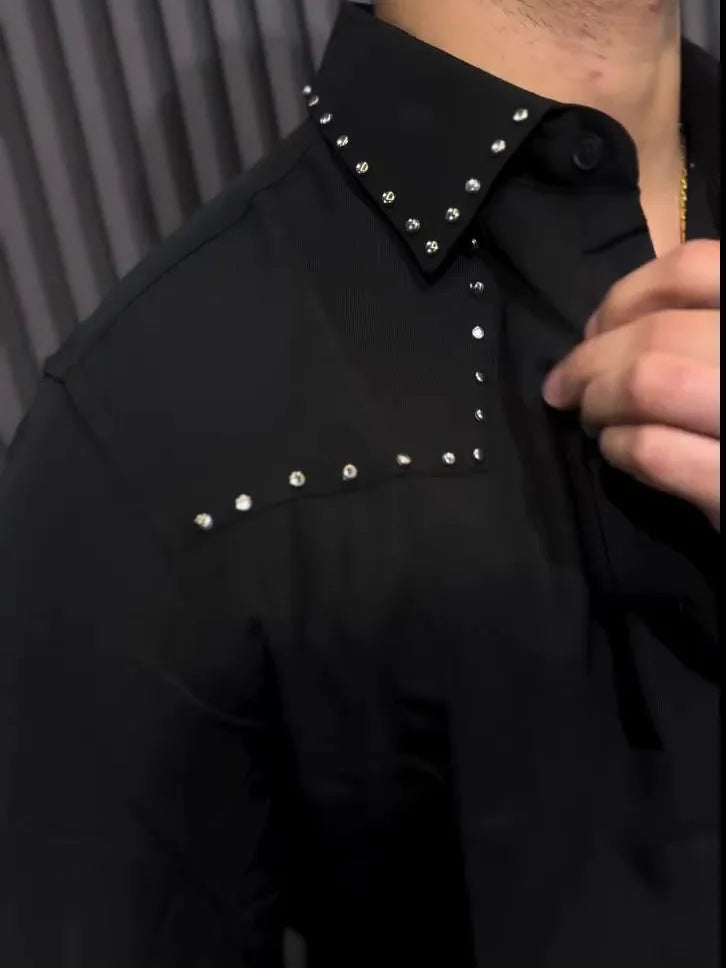 Black polyester button-down collar shirt with regular fit, front view, on plain background.