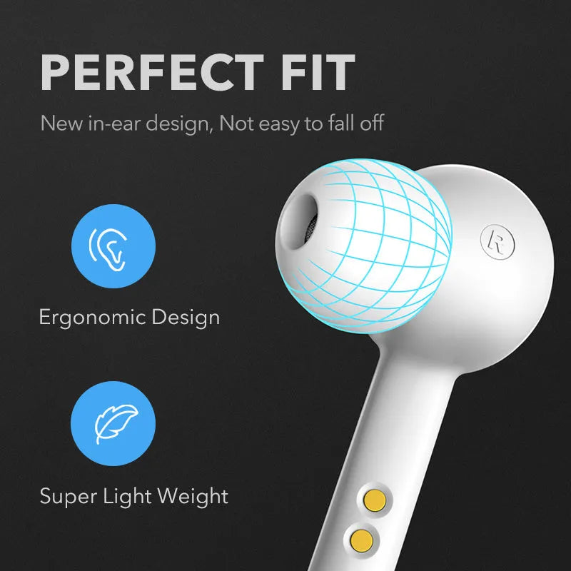 Black and white true wireless earbuds with charging case, showing discreet in-ear design for sports and daily use.