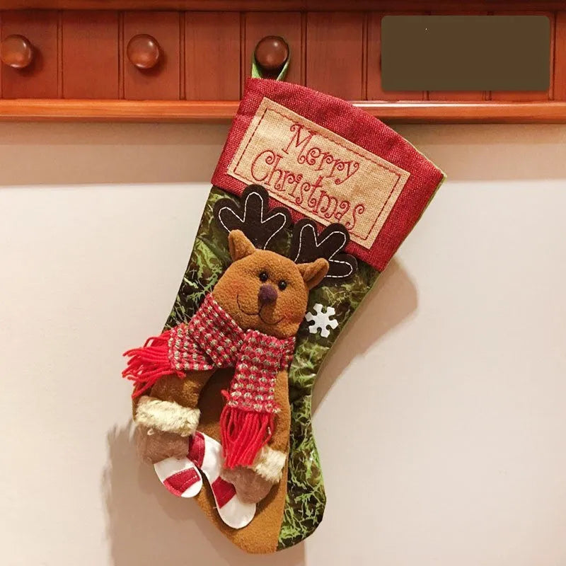 Handmade cloth Christmas stocking with 3D elk appliqué, large opening, and hanging loop.