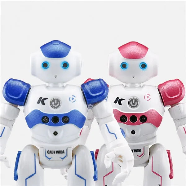 Blue remote control smart robot toy with gesture sensing and dance functions on a white background
