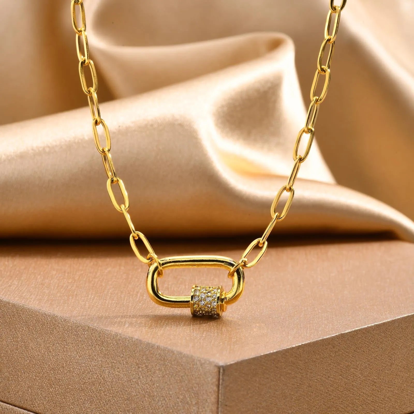 Stainless steel square chain oval pendant necklace in gold and steel colour options for women