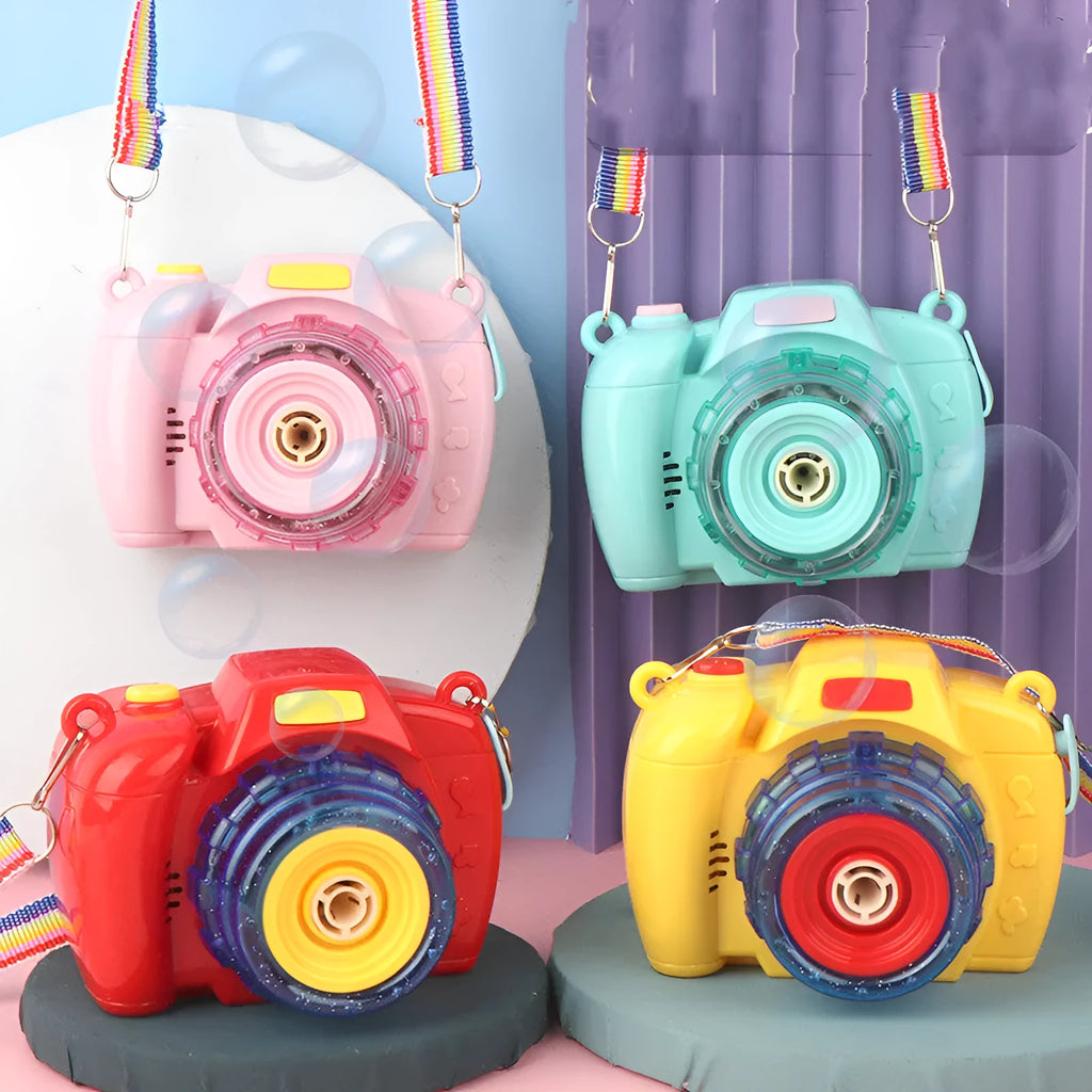 Yellow camera-shaped automatic bubble machine with flashing lights for children's outdoor play