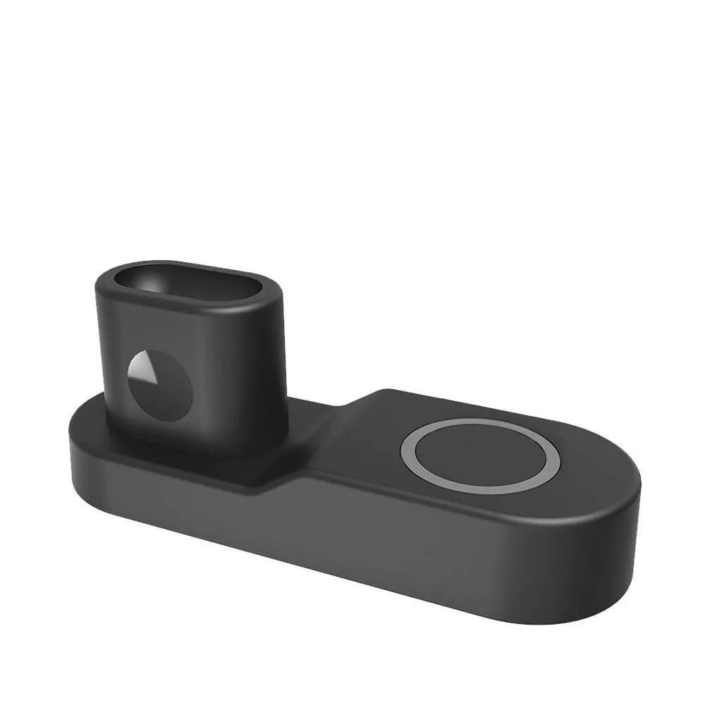 Black and white W3 3-in-1 wireless charging station for iPhone, Apple Watch and AirPods with rotatable dock.