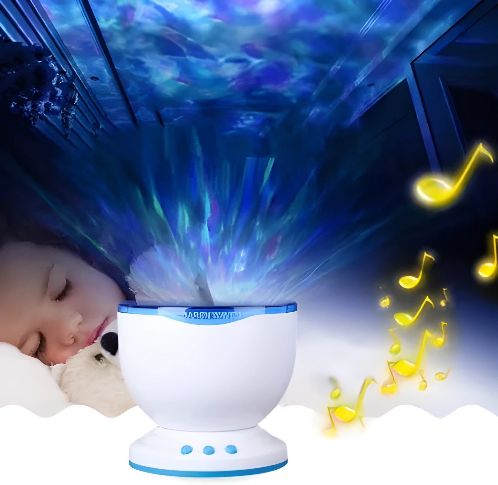 A blue ocean-themed LED projection lamp displaying a 2D oceanic scene on a wall.