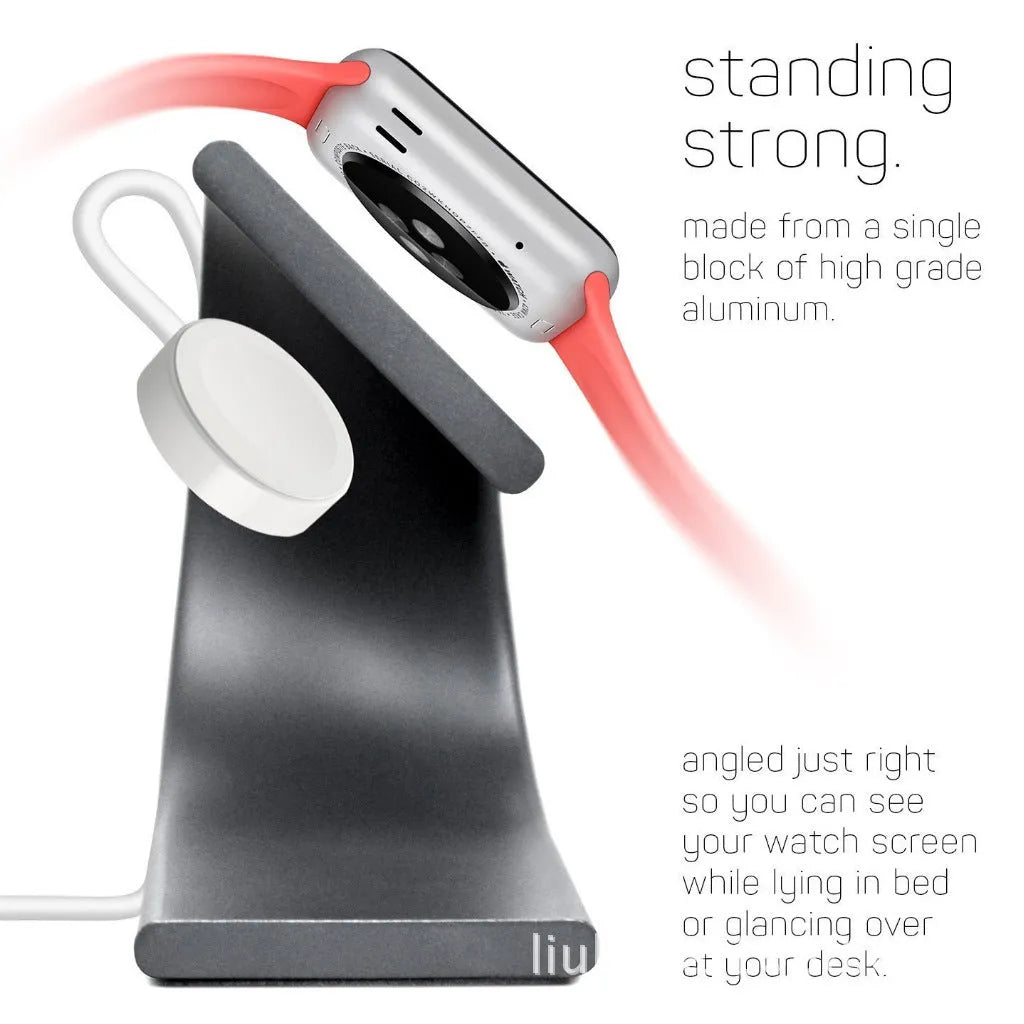 Grey aluminum alloy U-shaped Apple Watch charging stand on desk, 105x50x90mm
