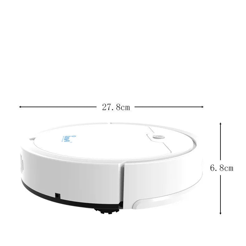Bluetooth timing robot vacuum cleaner in black or white, 27.8 cm x 7.8 cm, USB powered, 400 ml capacity