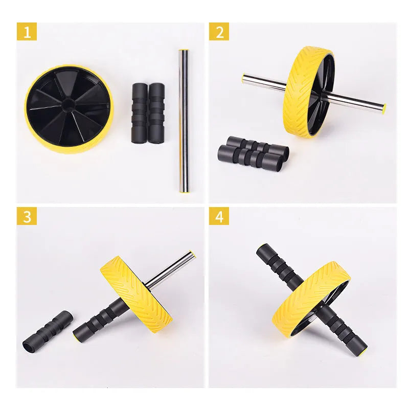 Exercise belly roller abdominal wheel with 17.5cm diameter, steel frame, and two gloves in black