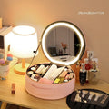 Round smart LED makeup bag with mirror lights in cherry blossom pink, PU leather, 29x28x11cm