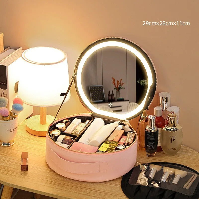 Round smart LED makeup bag with mirror lights in cherry blossom pink, PU leather, 29x28x11cm