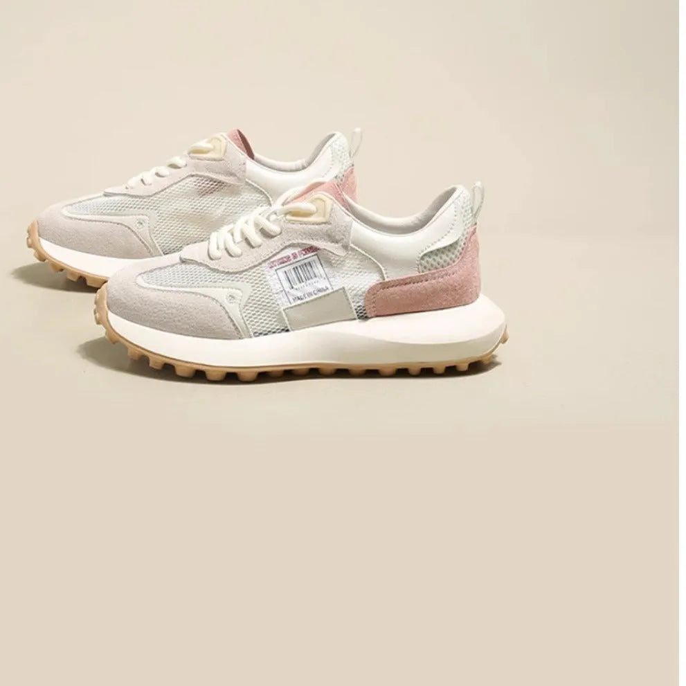 Women's grey retro low-top sneakers with round toe and flat rubber sole
