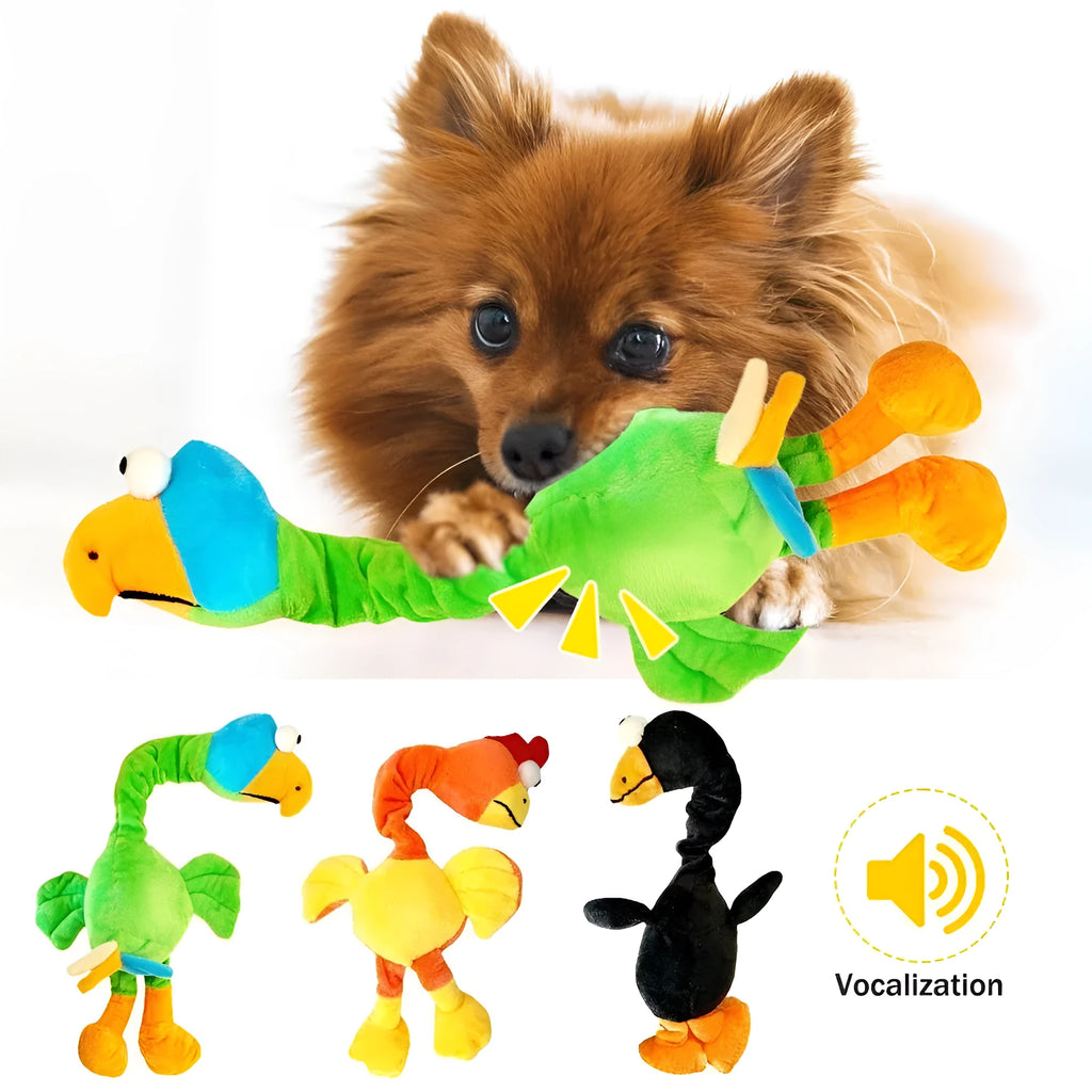 Screaming chicken sound dog chew toy in durable rubber, shown in black, green, and orange colours.