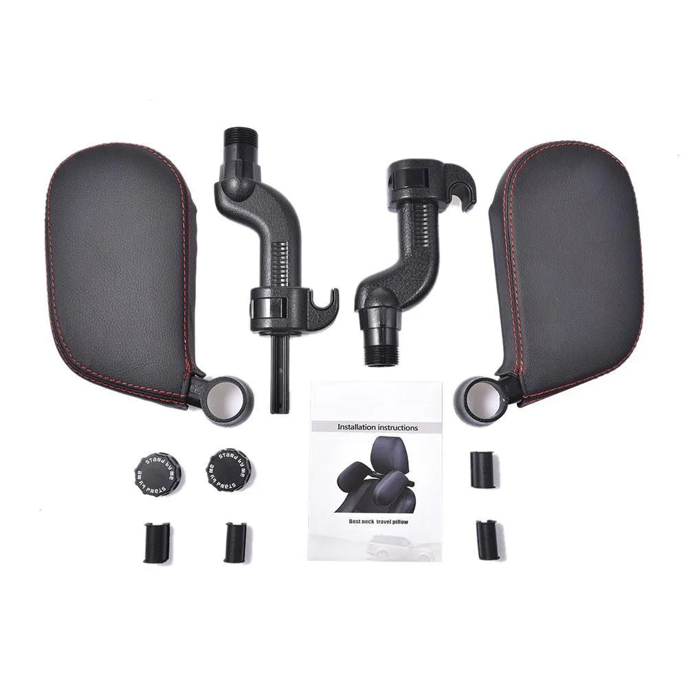 Car headrest neck pillow with memory foam padding, adjustable width and height, leather cover in black with red