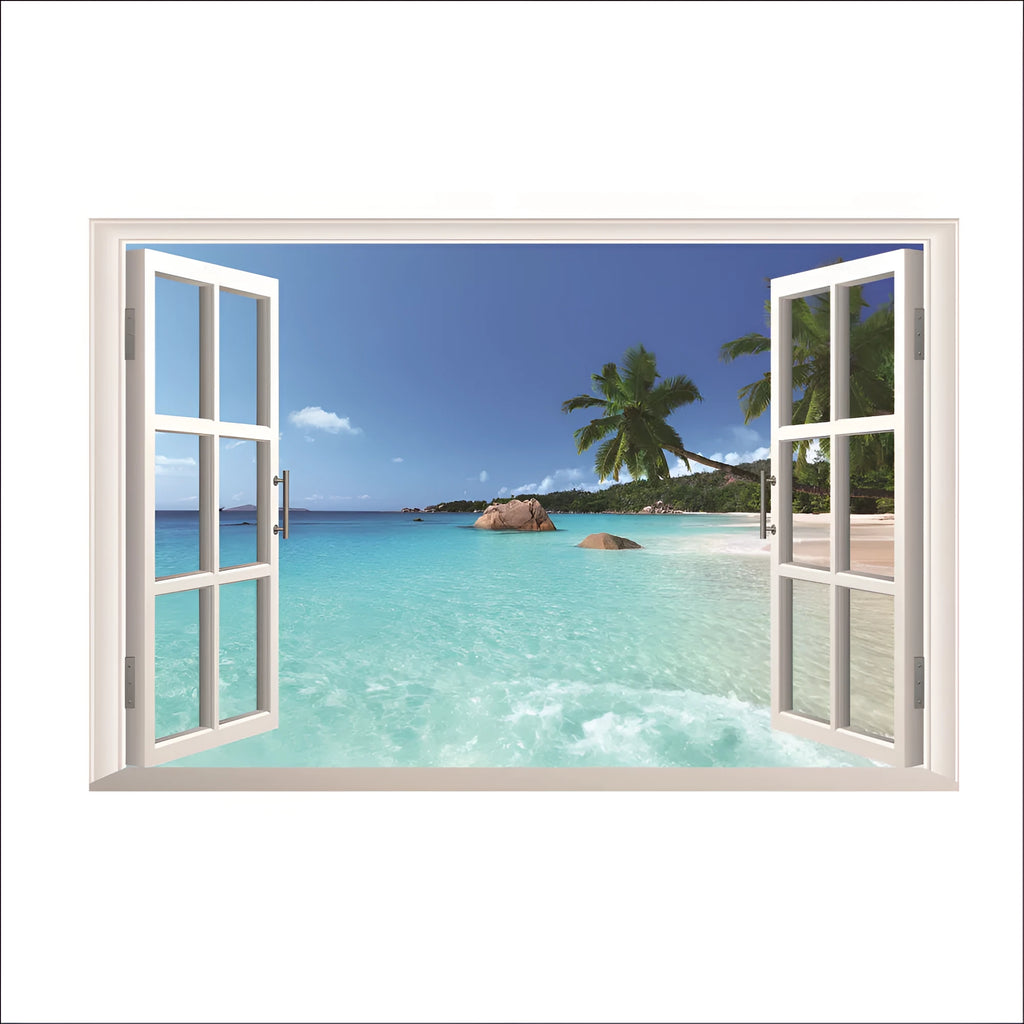 Sea view window wall sticker mural in blue and white with coastal scene on 60x90cm PVC material