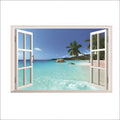 Sea view window wall sticker mural in blue and white with coastal scene on 60x90cm PVC material