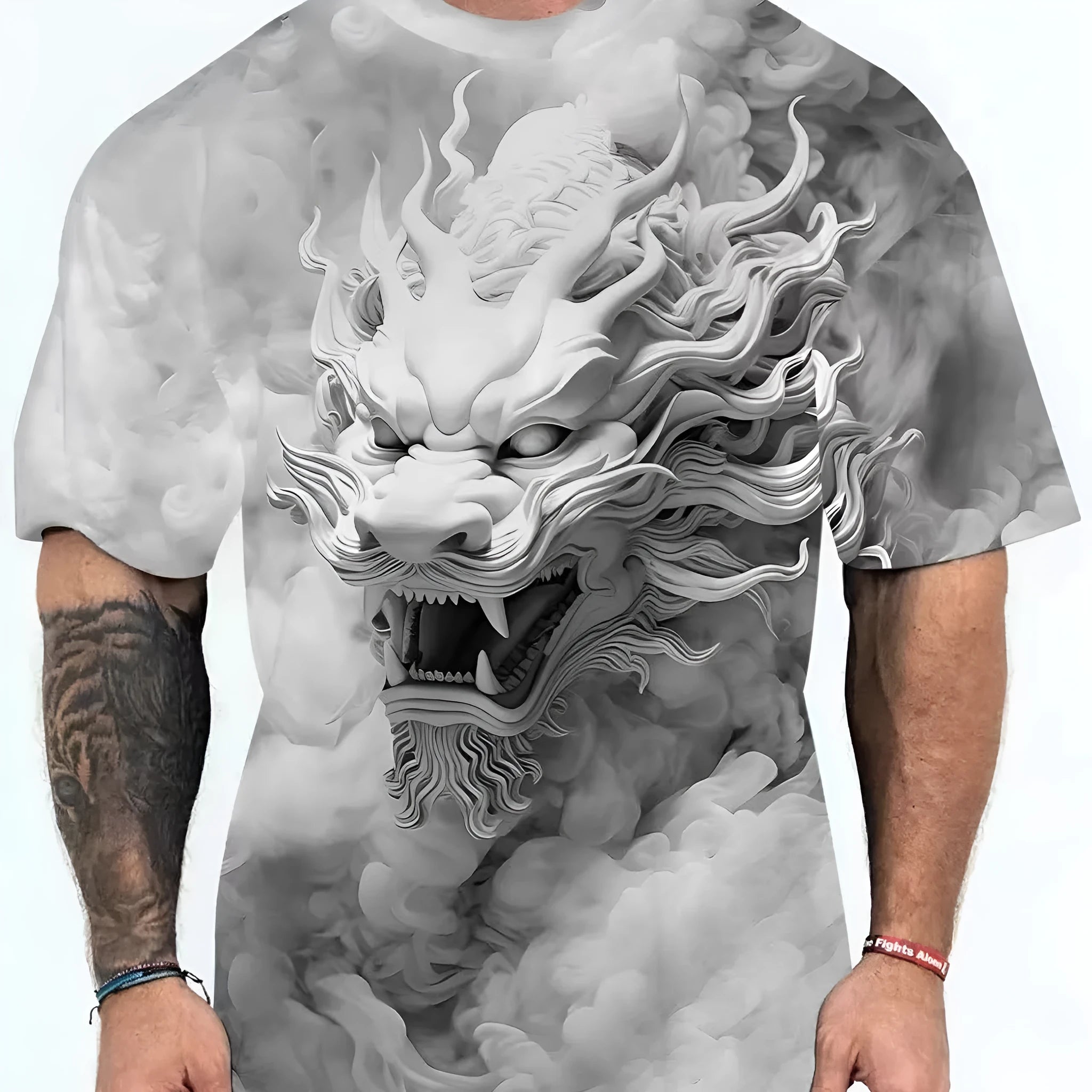 Men's gray dragon print short sleeve t-shirt in loose fit polyester fabric on plain background