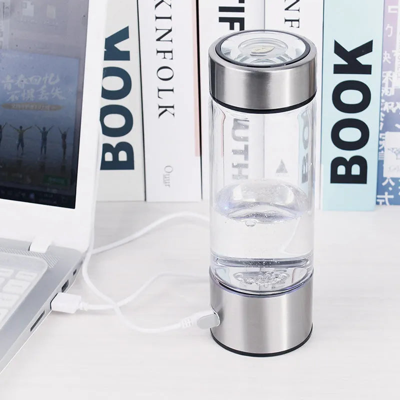 Silver hydrogen water cup with PC body, 420ml capacity, USB charging port, and titanium electrode