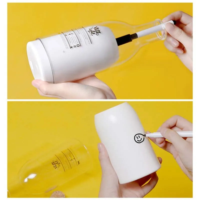 White milk bottle shaped LED nightlight on a wooden surface, USB rechargeable, with a 30-minute timer and DIY message panel