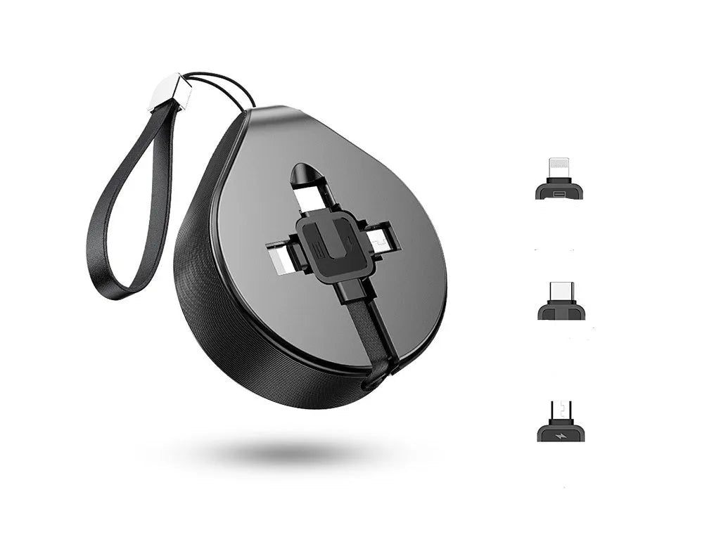Telescopic three-in-one fast charging data cable extended to 1 metre length with retractable mechanism