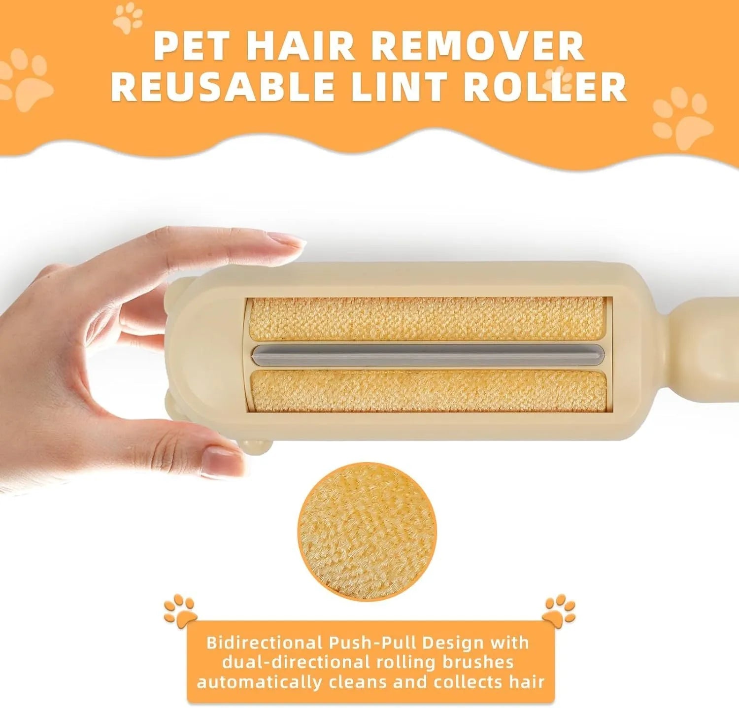 Blue reusable pet hair remover tool with a rolling head and self-cleaning base.