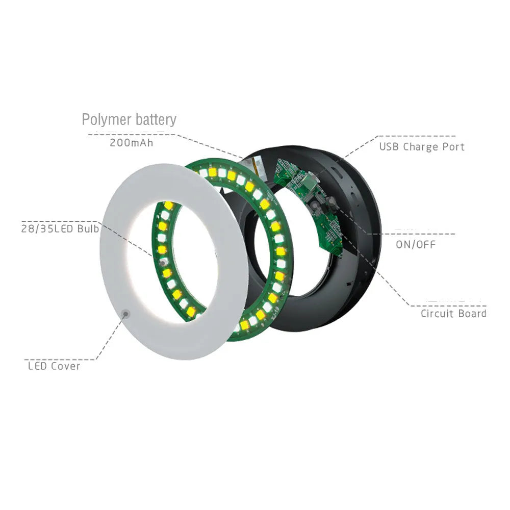 Black portable LED ring light for mobile phone photography with USB cable.