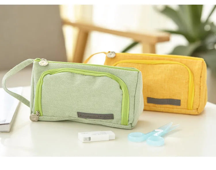 Square canvas pencil case with striped pattern, Korean style, in one of 15 colours