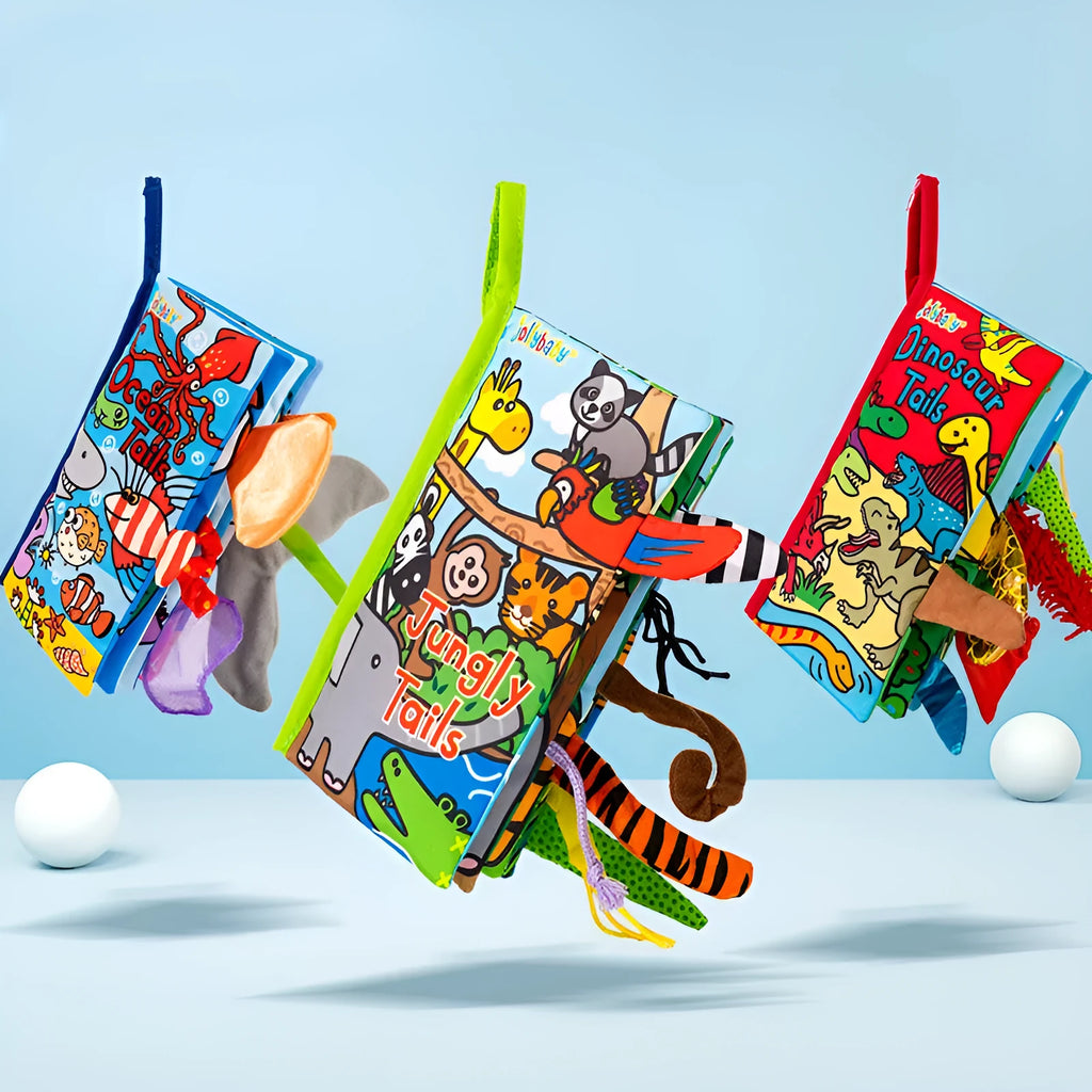Soft fabric baby educational toy book with bright animal illustrations, 16x15 cm, non-toxic material