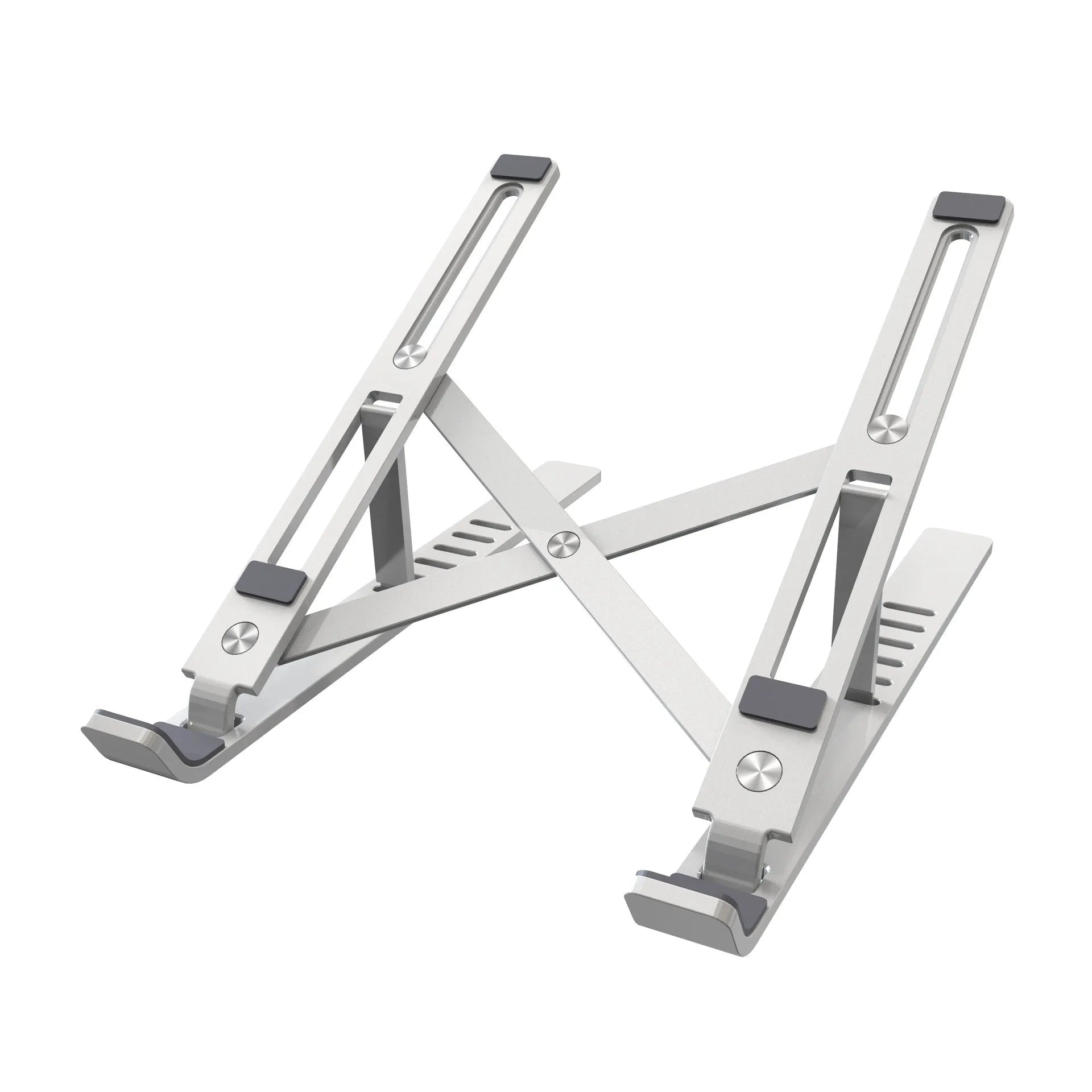 Silver aluminum folding laptop stand shown at an angle on a desk