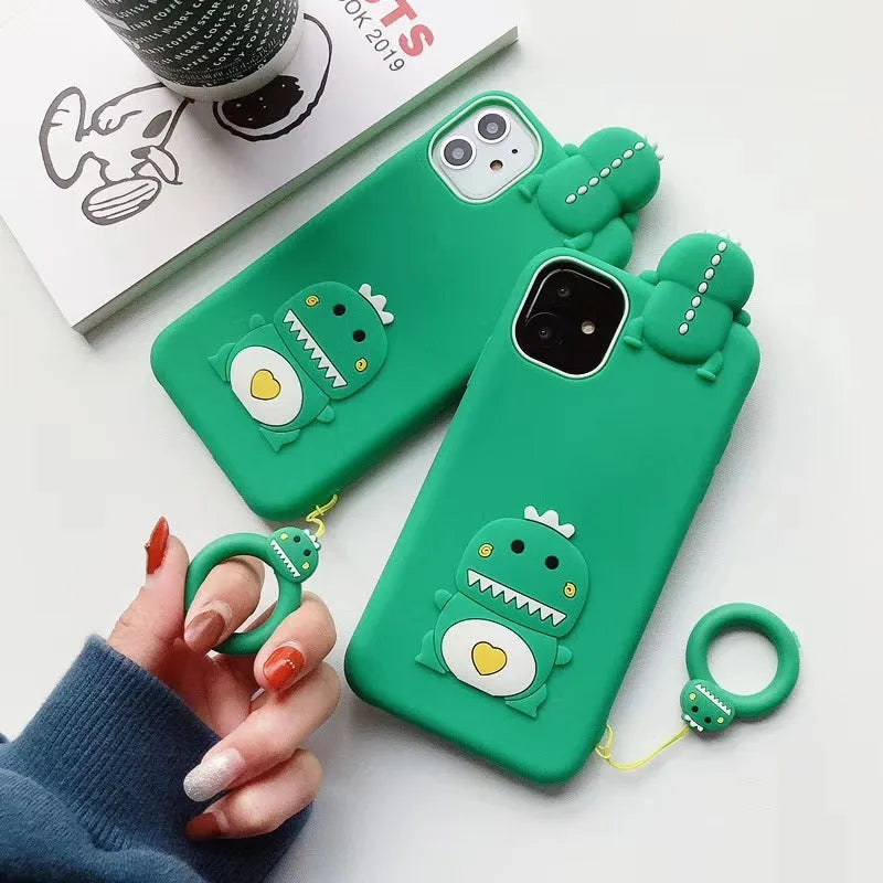 Green silicone iPhone case with animal cartoon design showing back cover protection