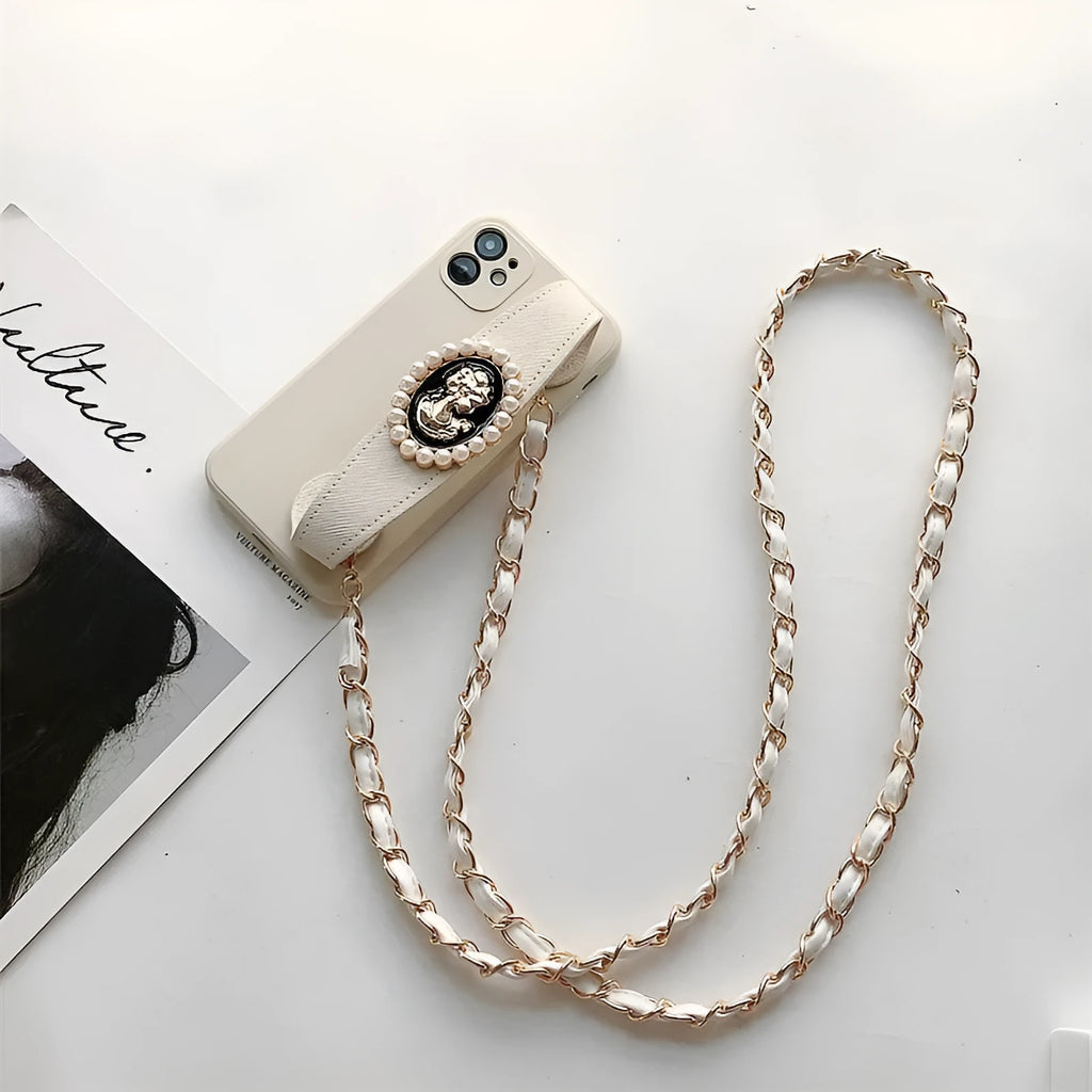 White TPU wrist strap crossbody chain protective phone case for iPhone with lanyard