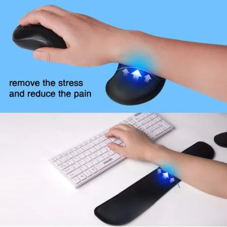 Black ergonomic wrist rest set with memory foam, non-slip natural rubber base, keyboard and mouse pads on desk