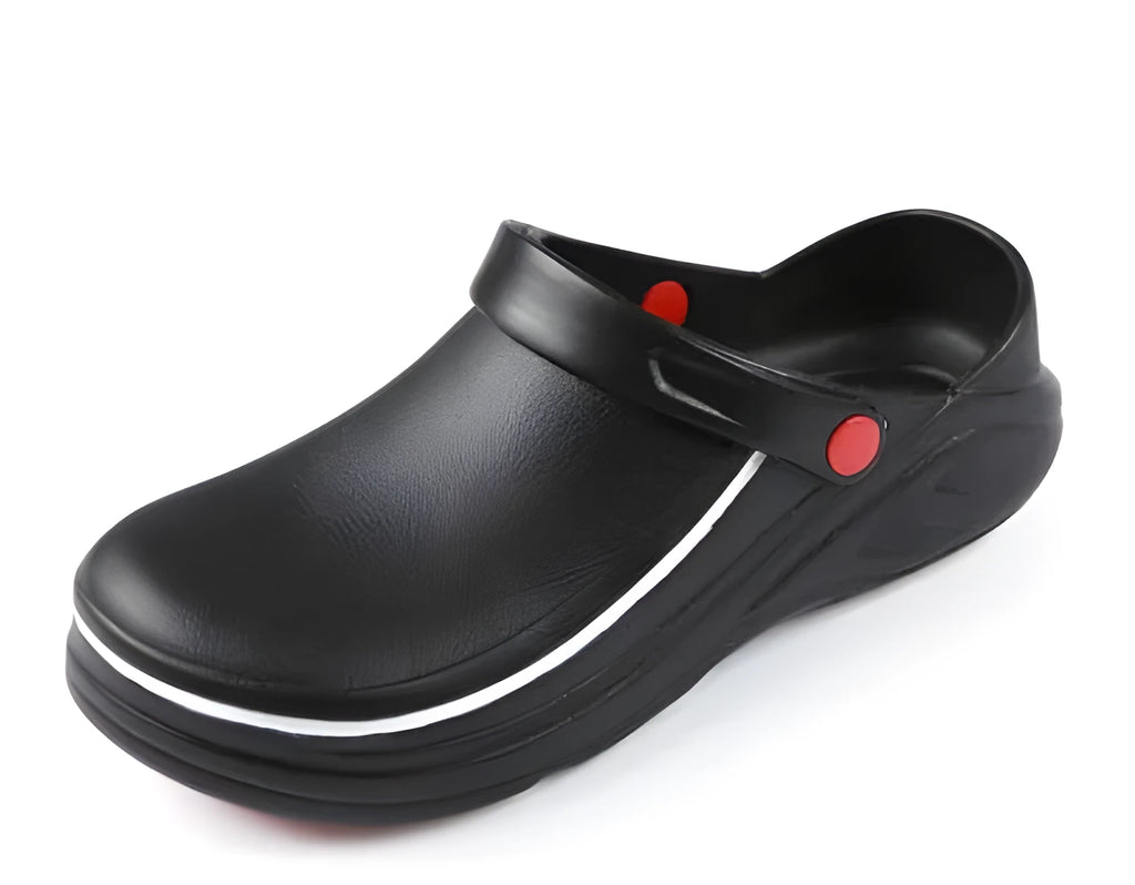 Black slip resistant EVA chef clogs with non-slip rubber outsole for kitchen work