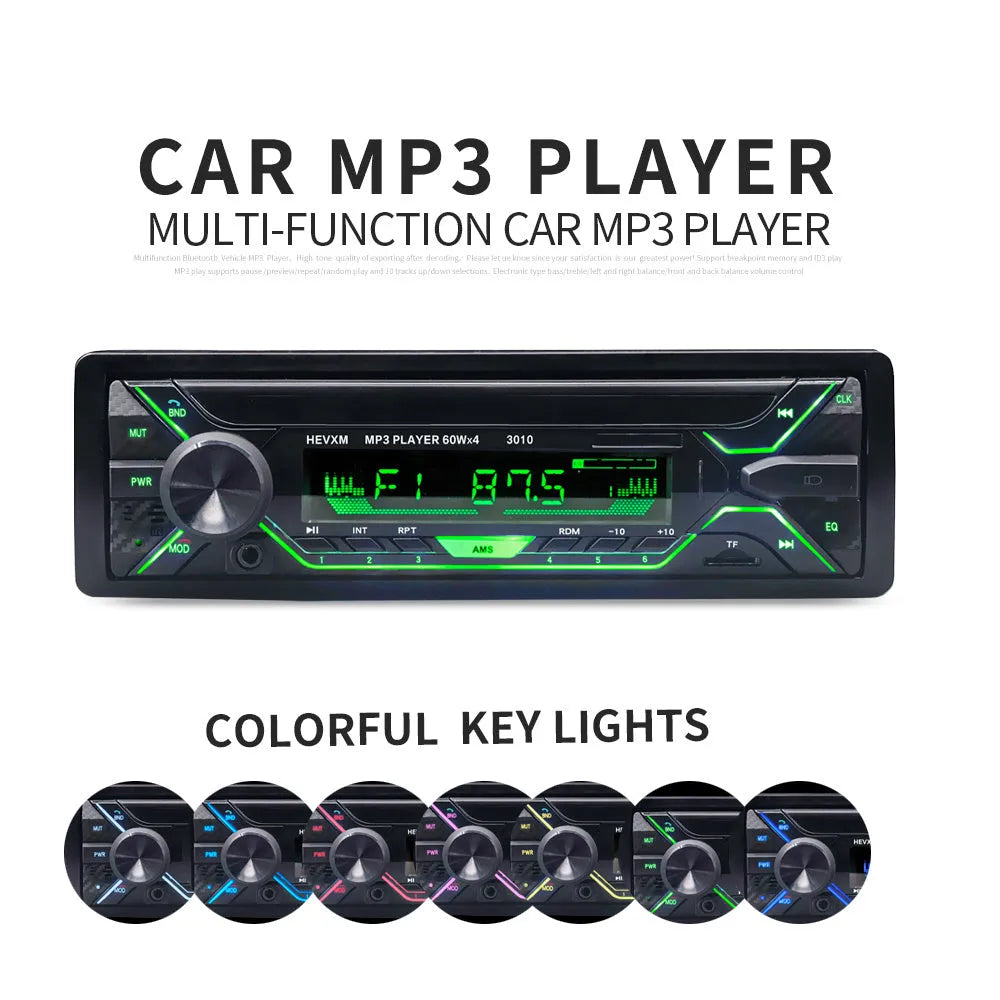 Single DIN car stereo with LCD display, USB port, and control buttons for Bluetooth and MP3 playback.