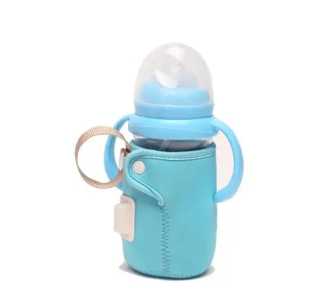 Long orange cotton USB baby bottle warmer wrapped around a milk bottle.