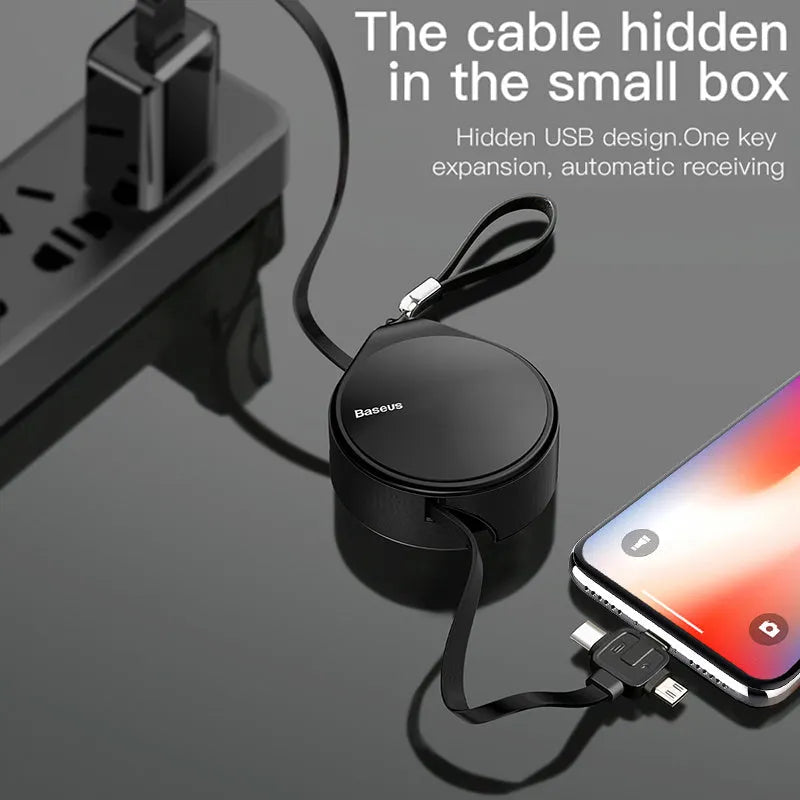 Telescopic three-in-one fast charging data cable extended to 1 metre length with retractable mechanism
