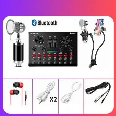 Computer universal capacitor microphone kit with V8S sound card, wireless handheld mic, and earphone in black