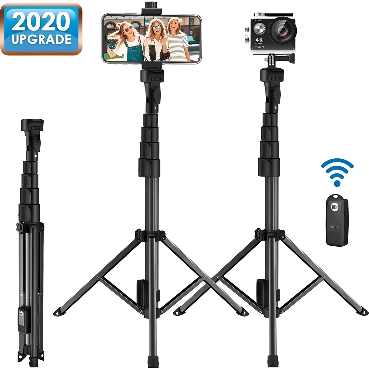 Black selfie stick tripod compatible with iPhone, aluminium alloy, five sections, 45cm shrink height