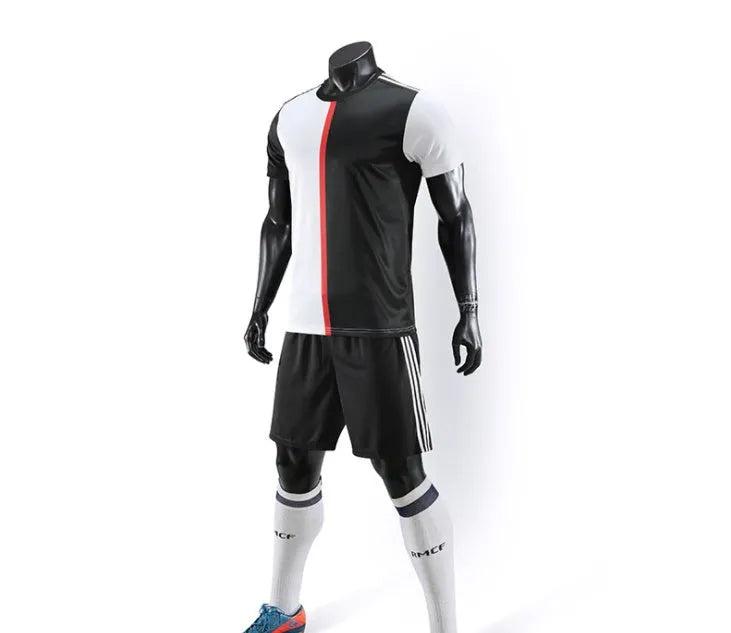 Men's football uniform in black and white cotton blend, one size front view