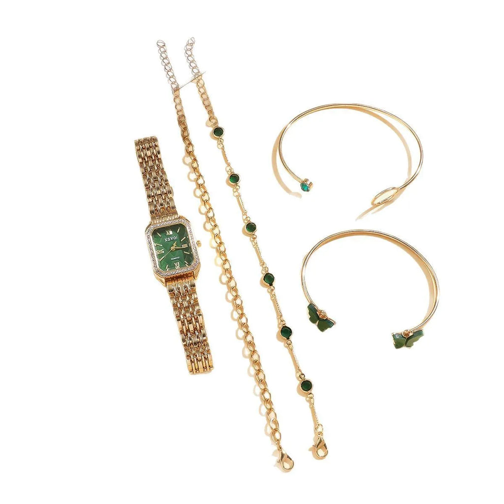 Gold and emerald green square women's watch with four matching bracelets jewellery set