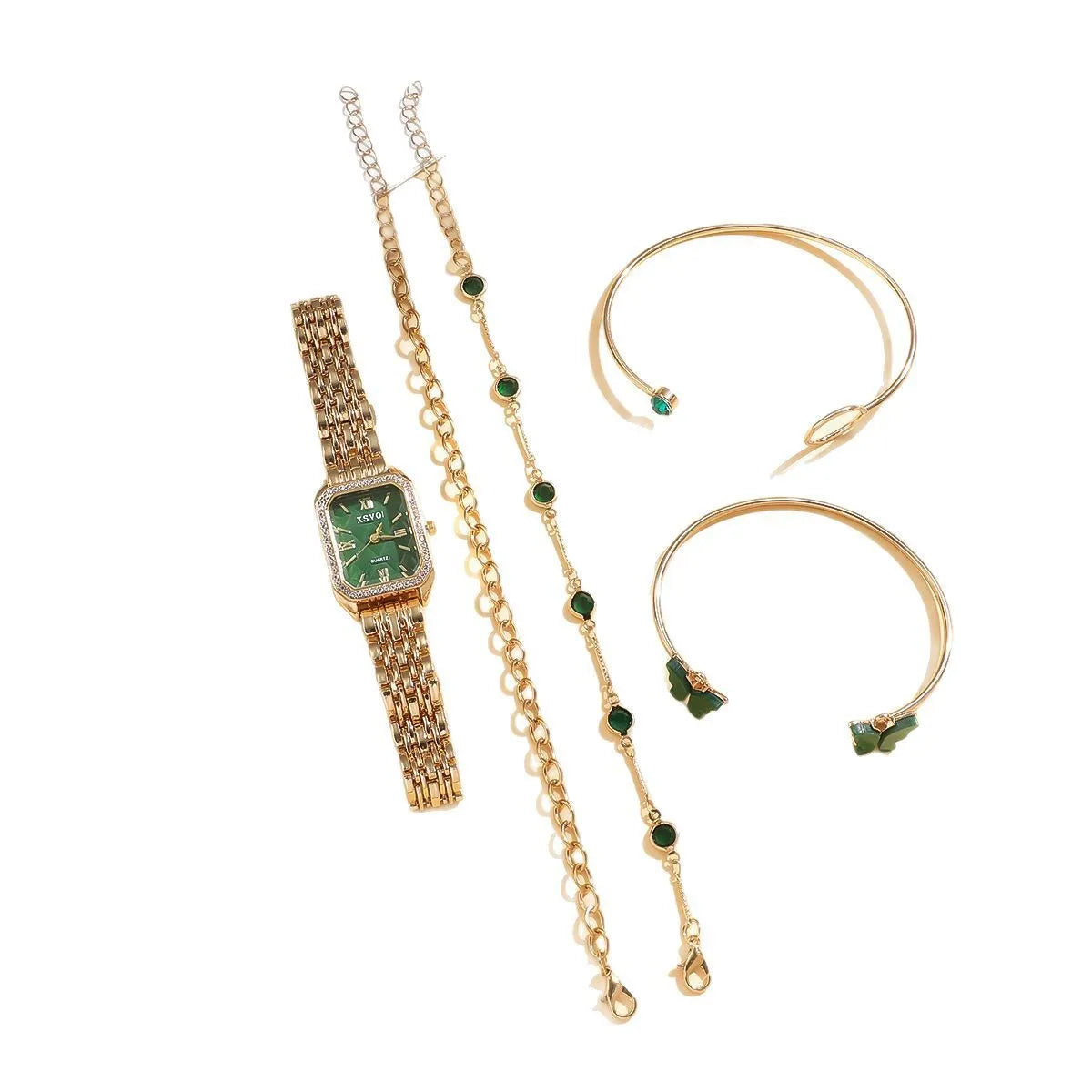 Gold and emerald green square women's watch with four matching bracelets jewellery set