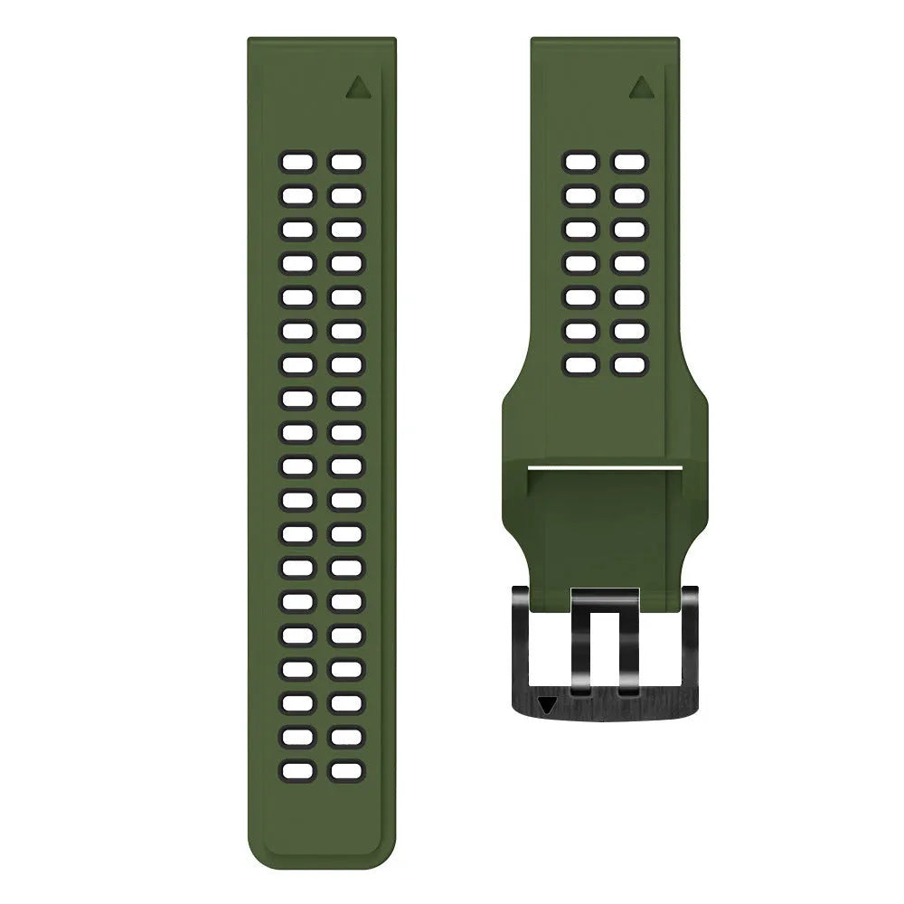 Quick release two-colour silicone watch strap with pin buckle in black and orange