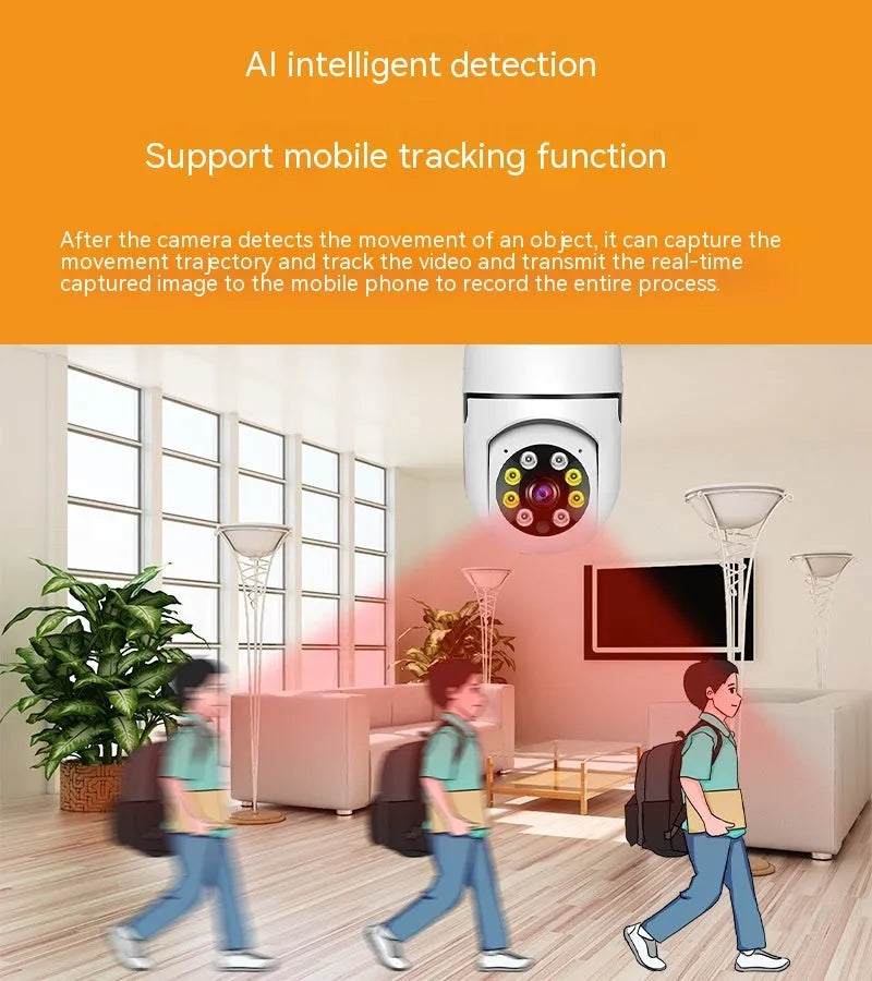 Wireless WiFi bulb security camera with plastic and metal construction measuring 5cm by 12cm