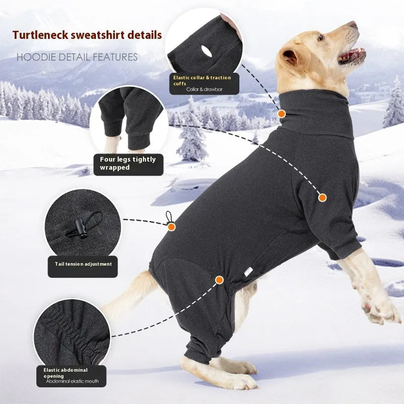 Dark grey four-legged polar fleece dog coat with high collar on model dog