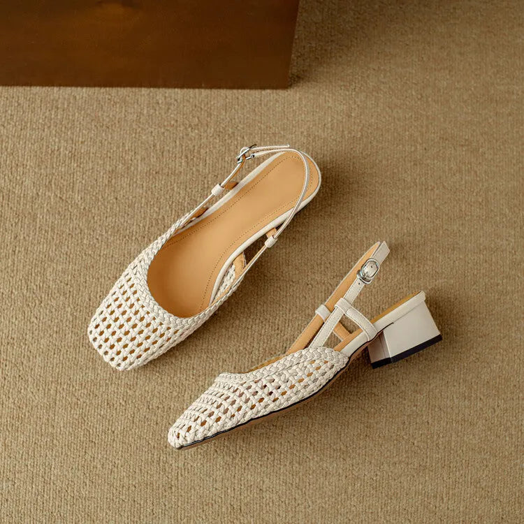 Women's woven hollow-out closed toe sandals with 4cm chunky heel and square head scaffolding shape