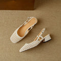 Women's woven hollow-out closed toe sandals with 4cm chunky heel and square head scaffolding shape