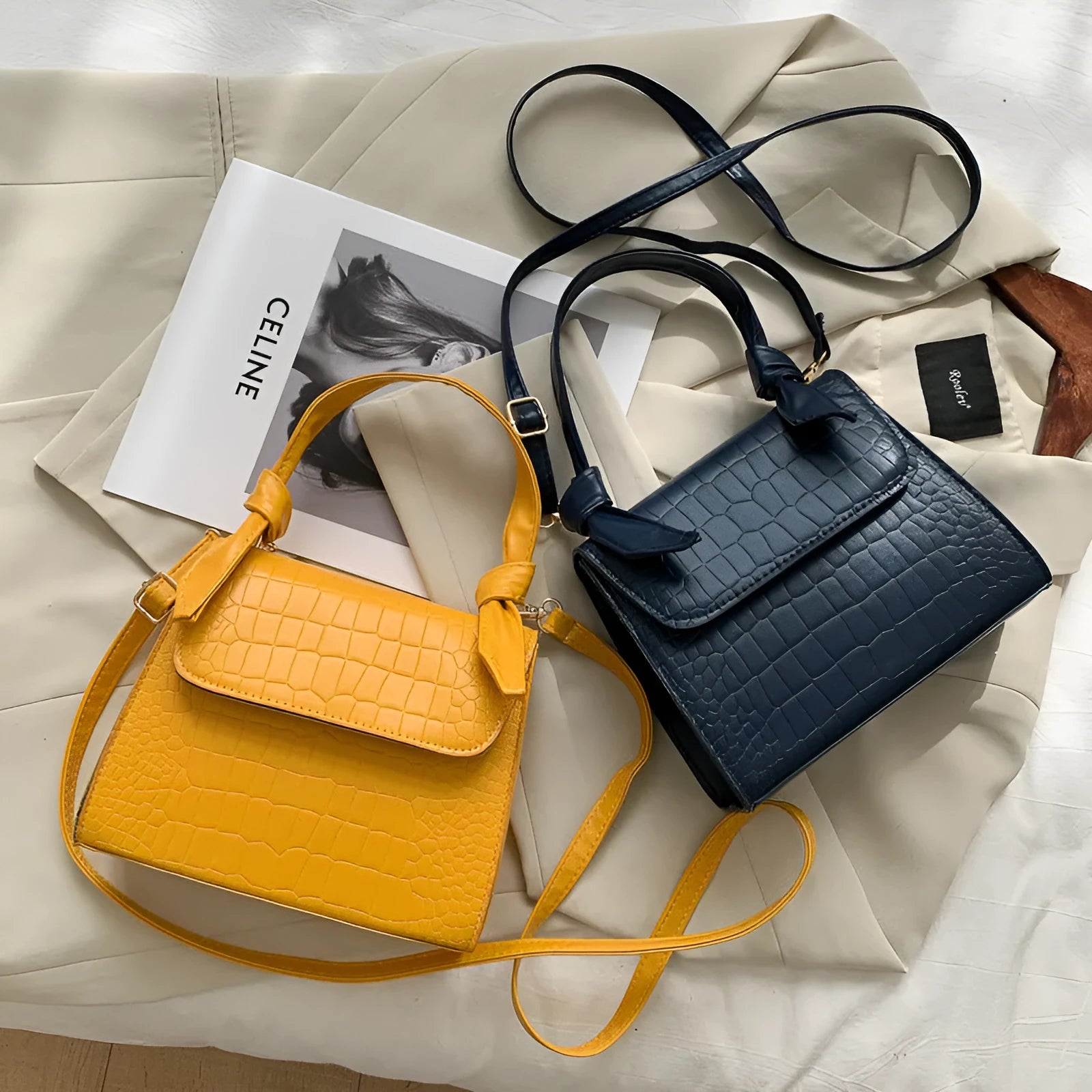 Women's small square retro armpit bag in black with stone pattern PU exterior and magnetic buckle