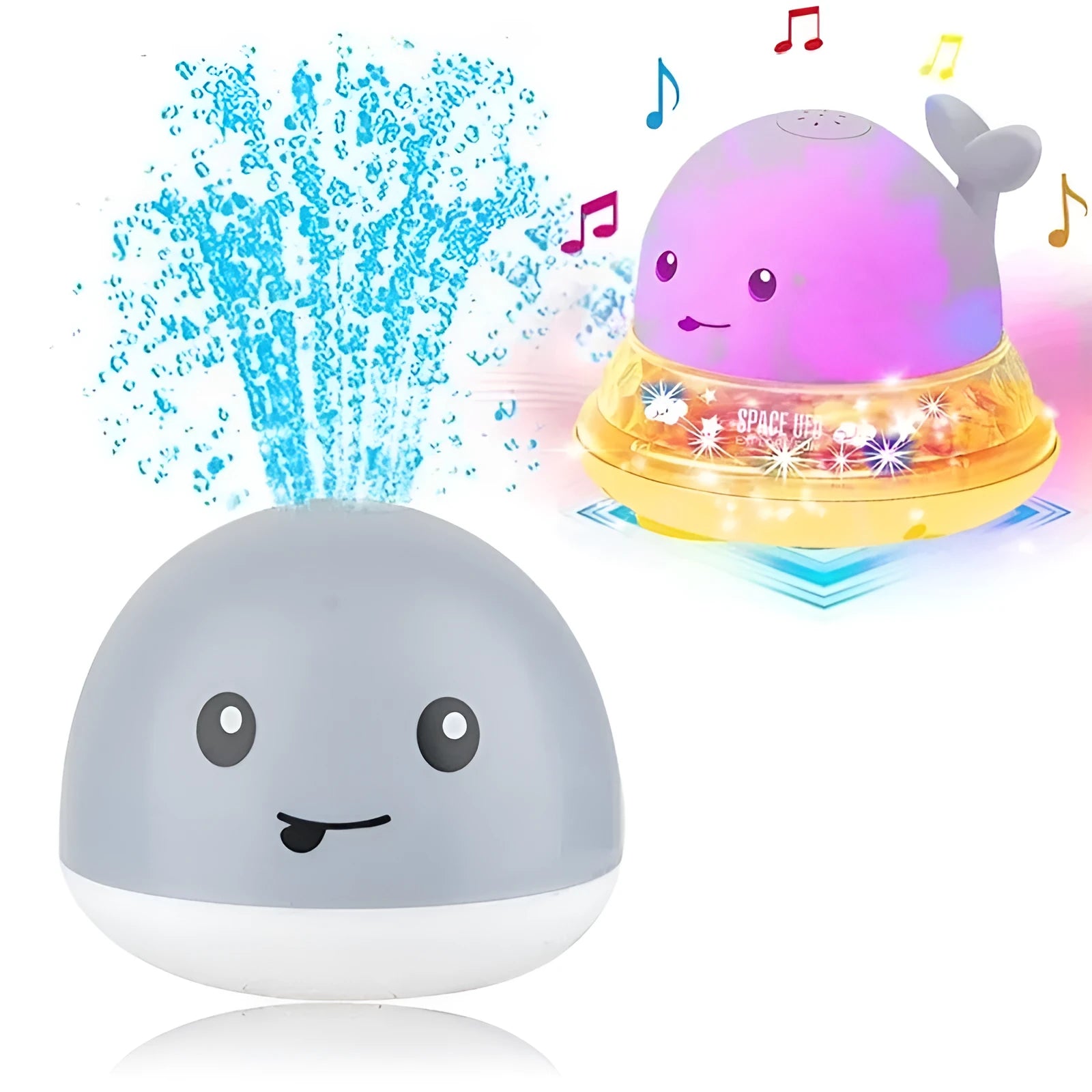 Electric whale-shaped bath spray toy with water-activated automatic spray, LED lights, and floating capability