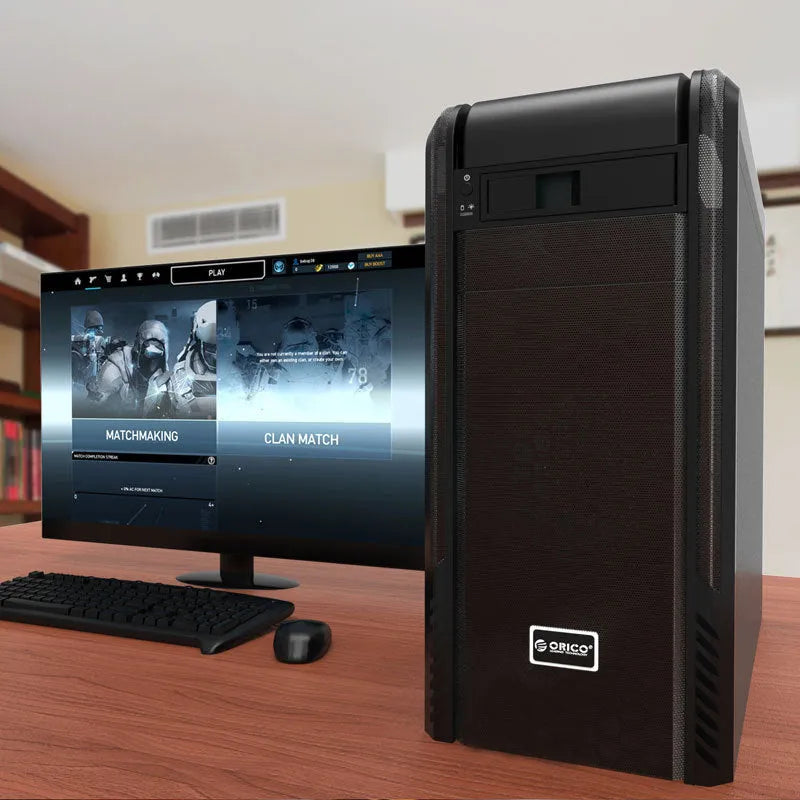 Black hard disk tray made of plastic and iron, 183x146x42mm, for vertical CD-ROM bay mounting