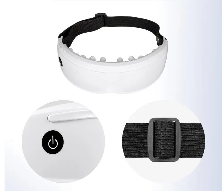 Eye massager with adjustable headband, silicone contacts, and 9 vibration modes in black and white colour