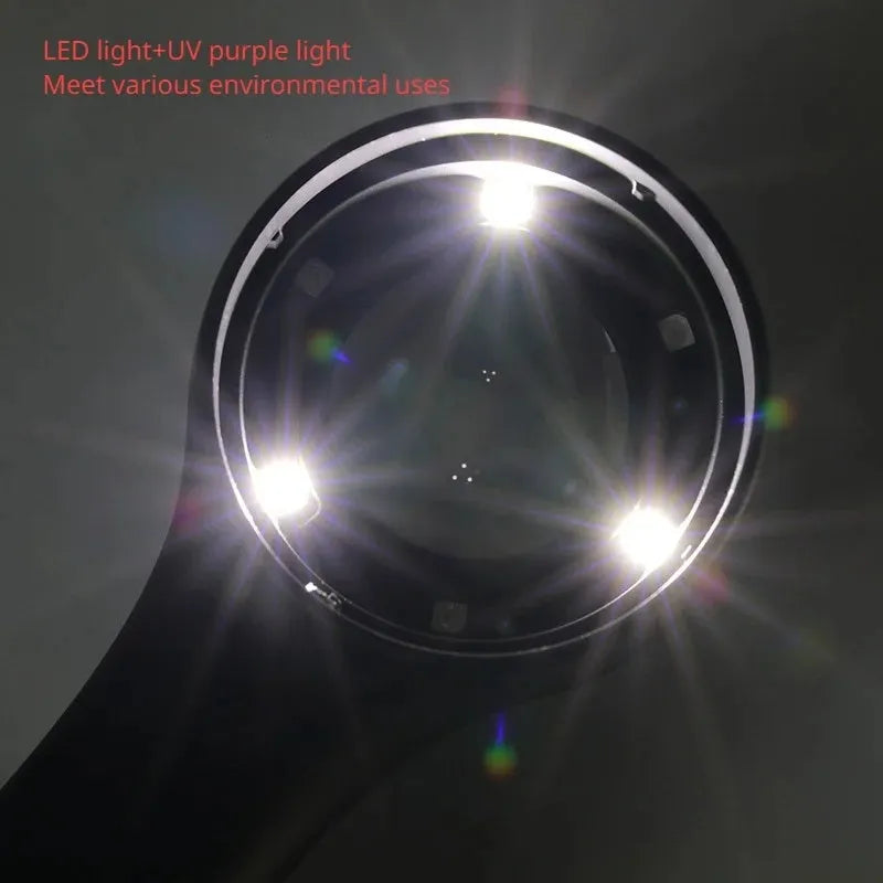 Black or silver rechargeable magnifying glass with optical glass lens and USB-C cable for appraisal work.