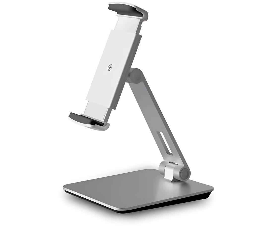 Folding aluminium phone and tablet stand in black showing 360° rotation and anti-slip silicone pads